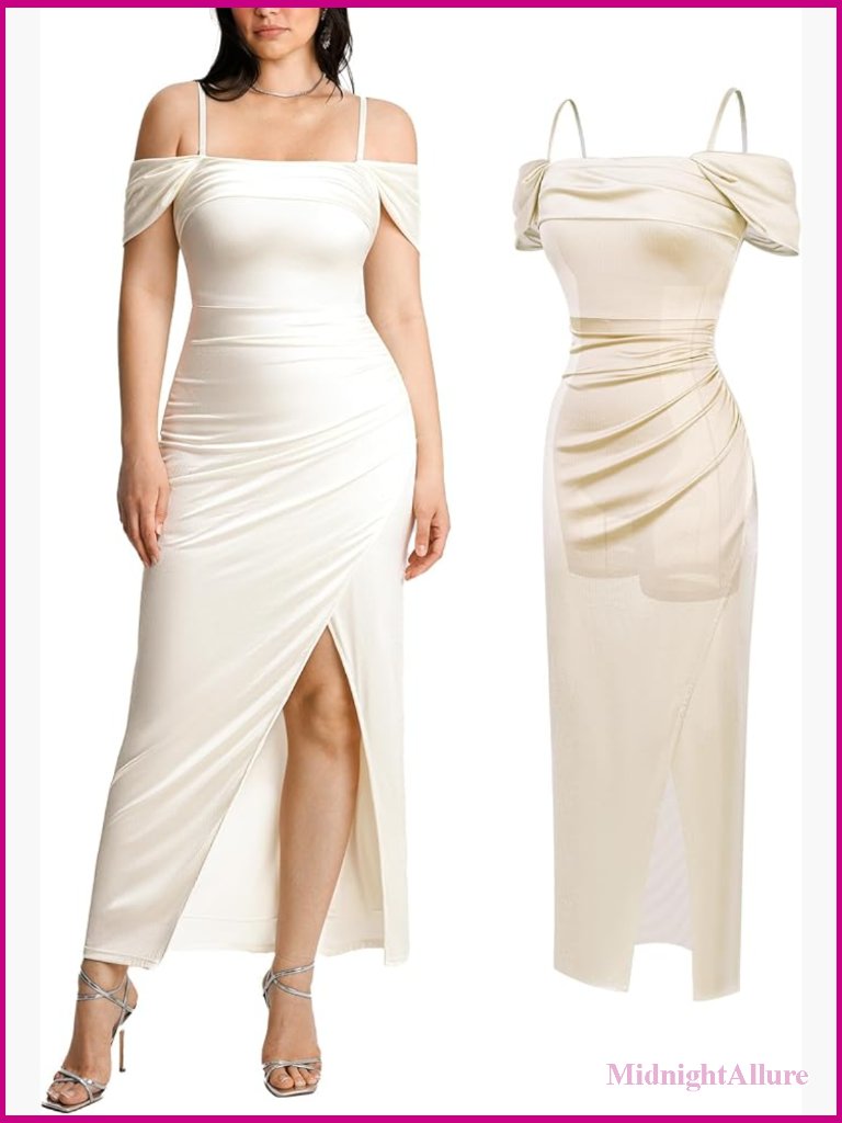 Off Shoulder Shapewear Maxi Dress Built-In Body Shaper Ruched High Slit Formal